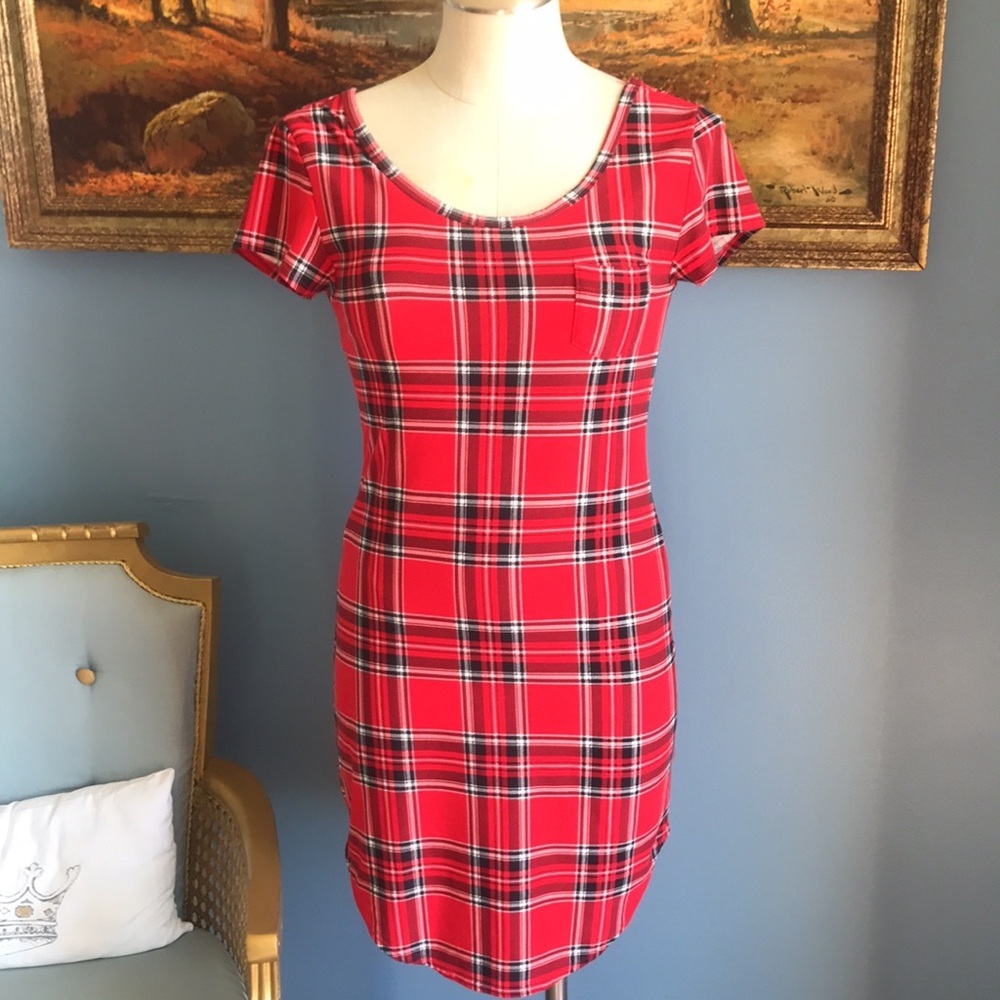 Red plaid short sleeves asymmetric scoop neck bodycon mini dress size S preppy - Picture 7 of 7